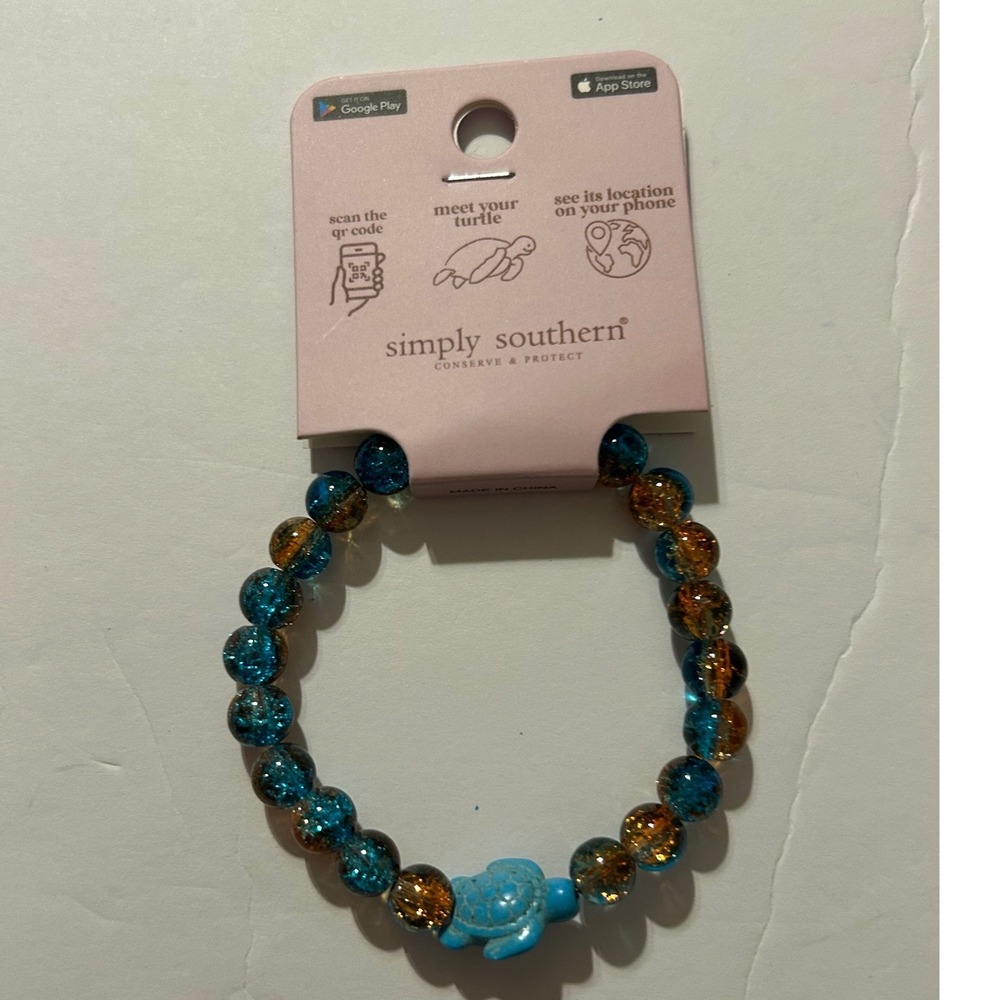 Simply Southern Sea Turtle Tracking Bracelet Blue Amber Crackle Glass Bead NEW